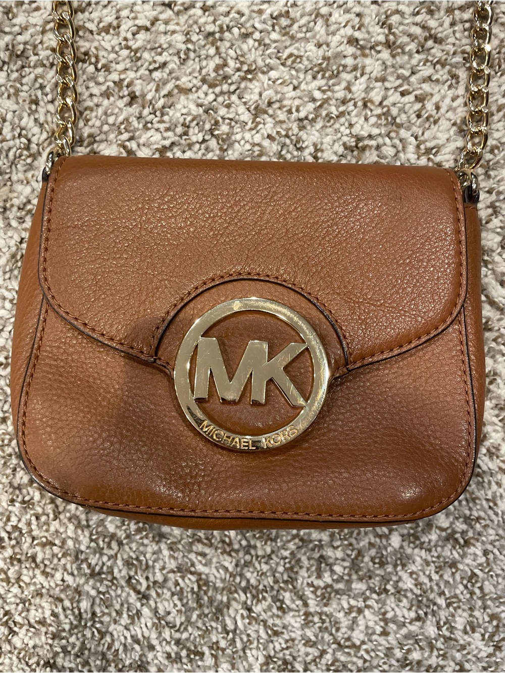 Michael Kors Tan Pebbled Leather Crossbody with Gold MK Emblem